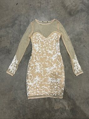 Sheer Long-Sleeve Nude Bodycon Dress with White Floral Embroidery